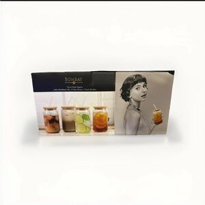 4 Piece Bombay Clear Glass Mason Jar Set with Bamboo Lids and Glass Straws